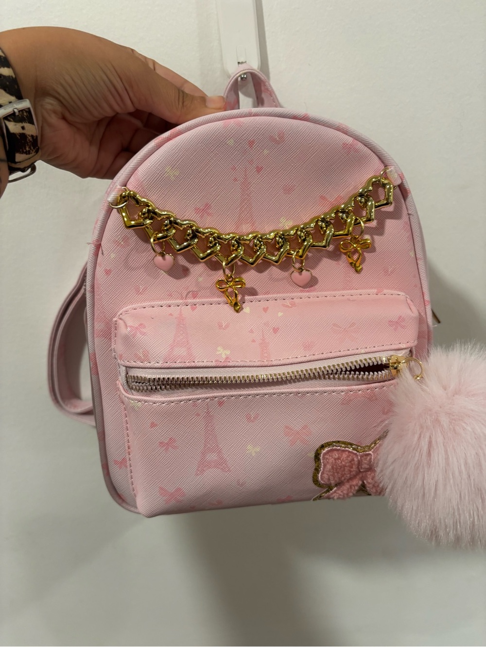 Pink Mini Backpack with Gold Heart Chain and Charms Kawaii Cutesy Femme Vibe